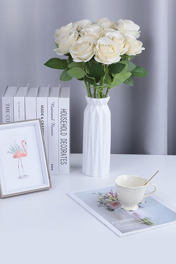 Artificial Rose Flower Artificial Flowers Flower with Long Stem Silk Roses Bouquet for Wedding Bridal Shower Party Home Decoration (Beige, 30 Pcs)