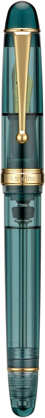 Asvine V126 Vacuum Filling Fountain Pen, Transparent Teal Acrylic Stub Nib 1.1mm Calligraphy Art Drawing with Case Set