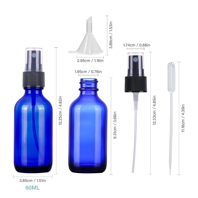 LUFEVRM 2oz Blue Glass Spray Bottles,Empty Small Perfume Travel Refillable Reusable Fine Mister Spray Bottle for Hair,Cleaning Solutions,Aromatherapy and Essential Oil with Extra Nozzle(2 Pack)