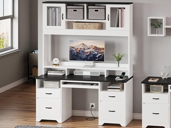 Bestier 77.8" H Executive Desk with Hutch, Modern Wood Computer Desk with Drawers, Charging Station, LED Light, Fluted Storage Cabinet, Keyboard Tray, 59" W Office Desk for Home Office, White
