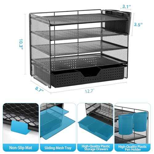 5-Tier Paper Organizer Letter Tray with Drawer & 2 Pen Holders, Desk Organizer and Accessories for Desktop File Workspace Organization, Office Desk Accessories Office Supplies Storage (Black)