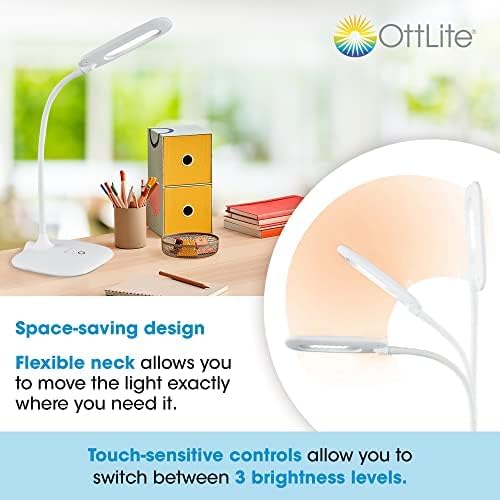 OttLite ClearSun LED Desk Lamp - Energy Efficient Natural Daylight - 3 Brightness Settings & Adjustable Neck