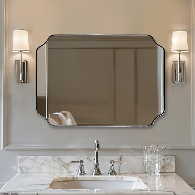 ANDY STAR Chrome Bathroom Mirror, 30x40 Inch Polished Chrome Rectangle Mirror, Scalloped Mirror for Bathroom, Anti-Rust Stainless Steel Metal Frame 1’’, Unique Shape Ideal for Home Remodel