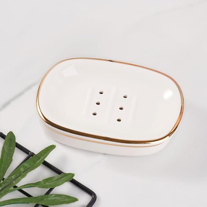 Self Draining Soap Dish, Double-Layer Bar Soap Tray, White Ceramic Soap Dish with Elegant Patterns (White with Gold Line)