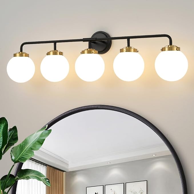 Black Gold Bathroom Light Fixtures Over Mirror, Modern Vanity Lighting with Milk White Glass Globe Shades 5-Light Farmhouse Wall Sconce