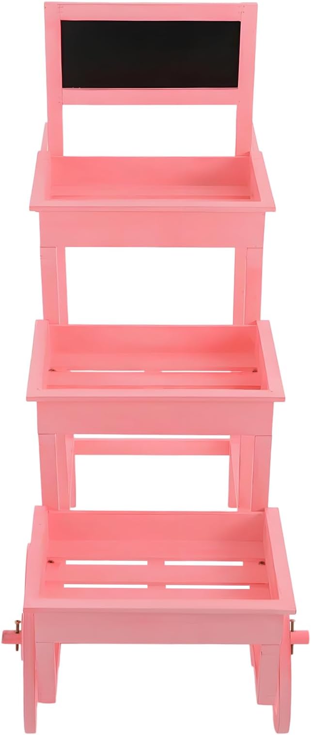 Flower Display Stand | 3-Tier Wood Flower Cart | Flower Cart Display Stand with Wheels | Ladder Shaped Plant stand | Market flower display Stand | Handle & Blackboard (Pink)
