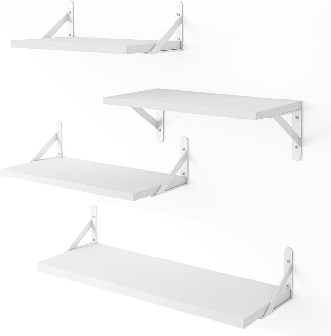 YGEOMER Floating Shelves for Wall, Different Sizes White Wall Shelves for Living Room, Bathroom, Bedroom, Kitchen, Home Decor (Set of 4)