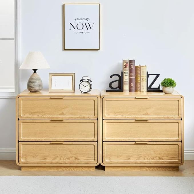 Modern Nightstand Set of 2 for Bedroom, 26'' Wide Wood 3 Drawers Bedside Table, Large Dresser w/Curved Profile Design, Side Table, End Table with Storage Drawers for Living Room, Entryway, Natural