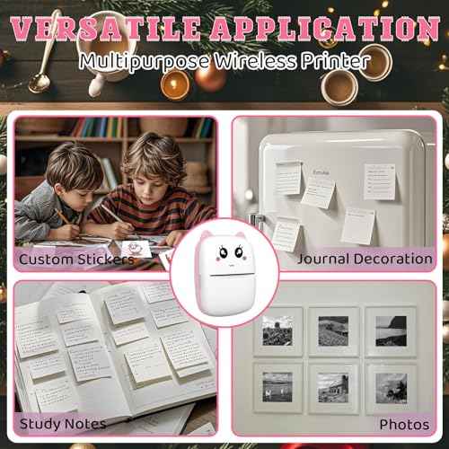 Mini Sticker Printer with 10 Rolls Paper, Thermal Printer Portable Sticker Maker, Bluetooth Inkless Printers Compatible with iOS & Android, Pocket Impresora Port?til for Notes, Journal, DIY, Kids Gift
