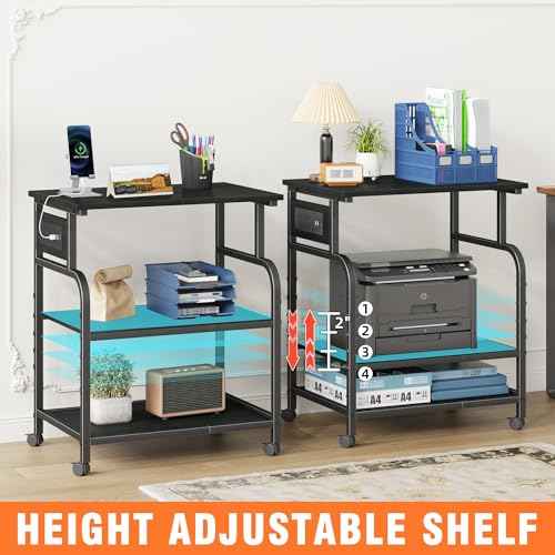 YAOHUOO 3 Tier Large Printer Stand with Power Outlet/Adjustable Storage Shelf, Rolling Cart with Wheels, Printer Table for Home Office 3D Printer/Heat Press/Laster, 22"¡¿15" Black