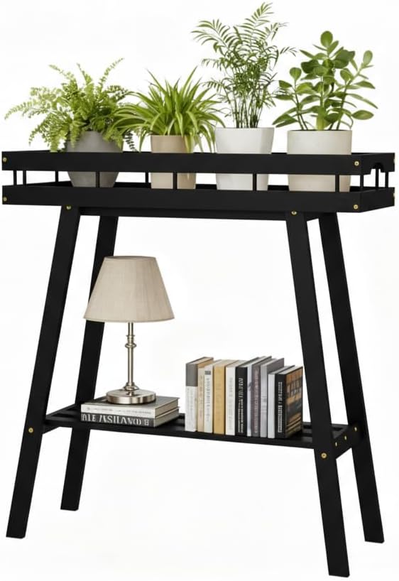 BAMBANG Bamboo Plant Stand Indoor, 2 Tier Small Plant Table, Tall Plant Stand for Indoor Plants, Window Sill Plant Shelf, Flower Pot Holder Plant Bench Plant Rack for Living Room, Black