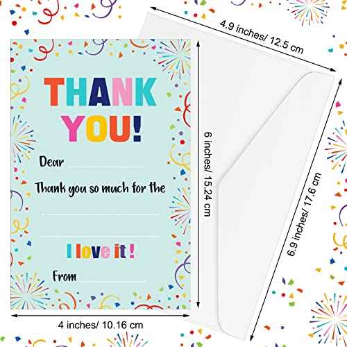Eaasty 72 Pieces Kids Thank You Cards Fill in the Blank Thank You Notes with Envelopes Colorful Thanks Cards for Birthday Party(Confetti Style)