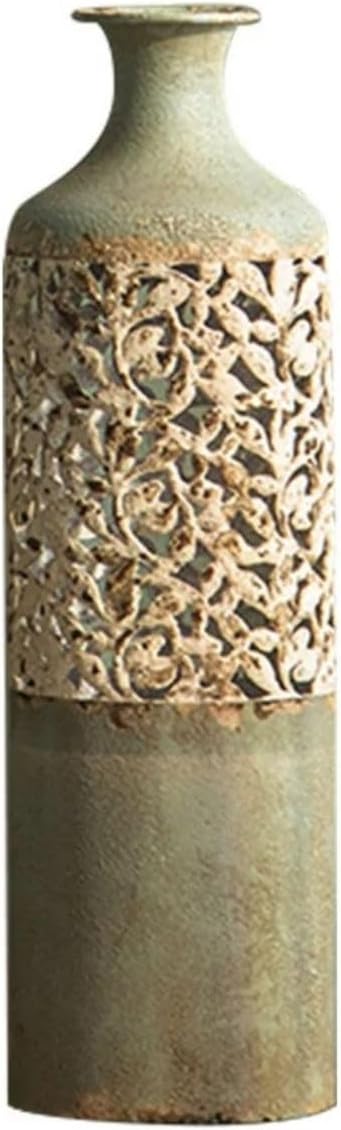20.3″ Tall Metal Floor Vase – French Country Green & White Geometric Iron Cylinder Decorative Vase for Living Room • Entryway • Hallway (Rustic Romantic Accent & Dried/Faux Flowers)