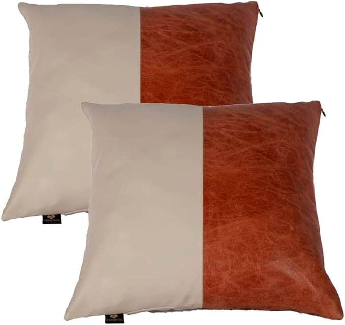 D DOLLY LAMB Lambskin Leather Pillow Cover - Sofa Cushion Case - Decorative Throw Covers for Living Room & Bedroom, 18x18 Inches - Tan & Beige Pack of 2