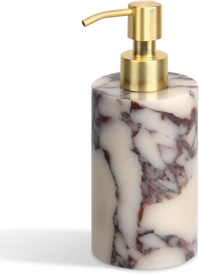 Natural Marble Soap Dispenser for Bathroom and Kitchen Countertop - 5.41 Ounces Hand Lotion and Liquid Stone Shampoo Laundry Bottle with Pump (1, Calacatta Viola, Cylindrical Bottle)