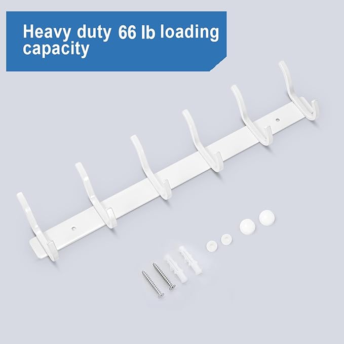 HAMUTH White Wall Hooks Heavy Duty, 17 Inch Coat Hooks Wall Mount with 6 Hooks,2 Packs Wall Hooks Hangers for Entryway, Bathroom - for Hanging Backpack, Bag, Coat, Purse, Hat, Towel, Clothes