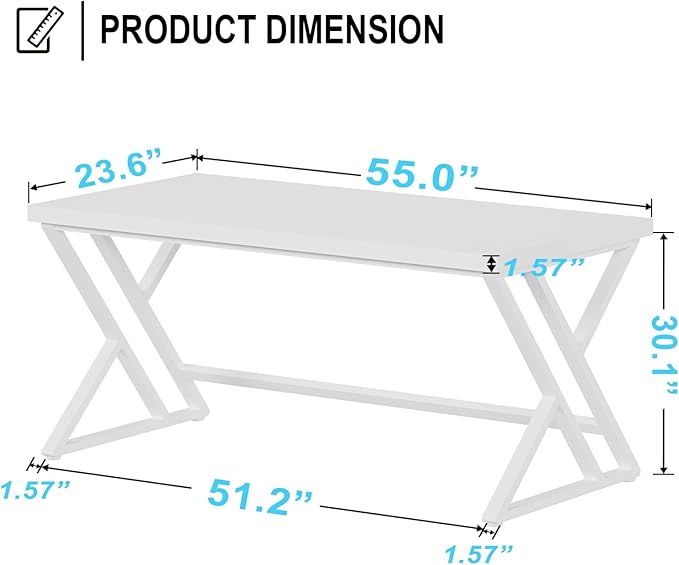 LVB White Computer Desk, Modern Wood Home Office Desk for PC Writing Work, Metal Wooden Executive Workstation Student Simple Desk, Computer Study Gaming Bedroom Table, 55 Inch, White Oak