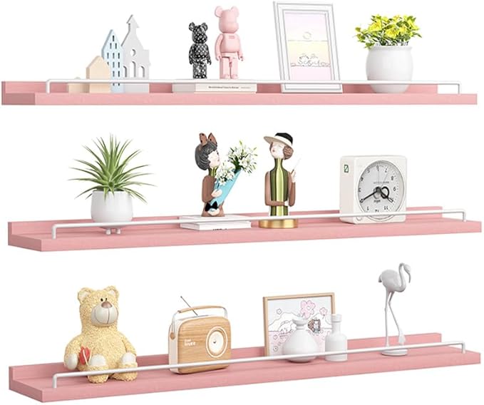 RYOFOBETTO 32 inches Long Floating Shelves, Bathroom Decor Shelves Over Toilet, Farmhouse Wall Shelves for Living Room, Bedroom, Picture Frames, Plants, Kitchen, Set of 3 (Pink and White)