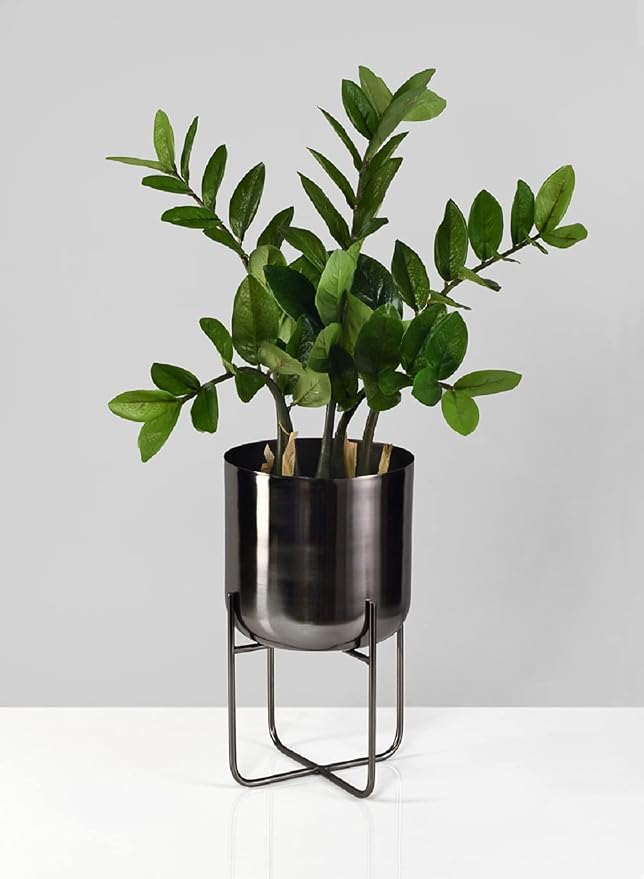 Serene Spaces Living Modern Mid Century Medium Black Nickel Planters with Stand, Planter Pots with Metal Stands, Flower Pot for Living Room Décor, Garden, Measures 13" Tall & 7.25" Diameter