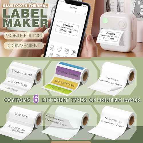 KEEPHOPE Label Maker Machine with 6 Waterproof Tapes, Thermal Label Maker, Portable Mini Bluetooth Label Printer with Clear Tape for Home, Kitchen, School, Office Organization