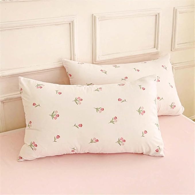Nayoroom Pink Floral Duvet Cover Queen Size Coquette Tulip Printed on White Reversible Comforter Cover 3 Pcs Girls Cottagecore Bedding Set with Pillow Sham Soft Lightweight Microfiber