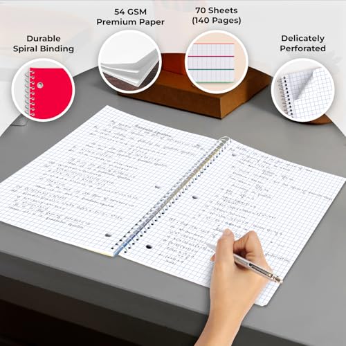 Rosmonde 1 Subject Graph Paper Spiral Notebook, 12 Pack, 70 Sheets (140 Pages), 8 x 10-1/2" Bulk 4x4 Spiral Bound Grid Notebooks, 3 Hole Punched Single Subject Quad Ruled Spiral Notebooks for School