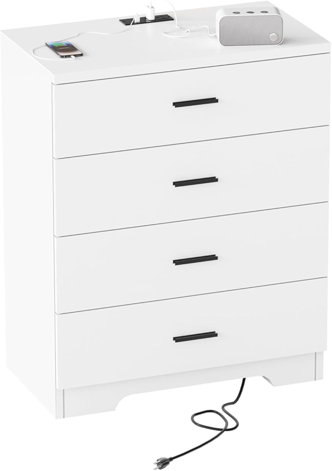 Dresser for Bedroom with Power Outlets Wood 4 Drawer Dresser with Large Organizer Tall Chest of Drawers Closet for Bedroom Living Room Kids Room Hallway