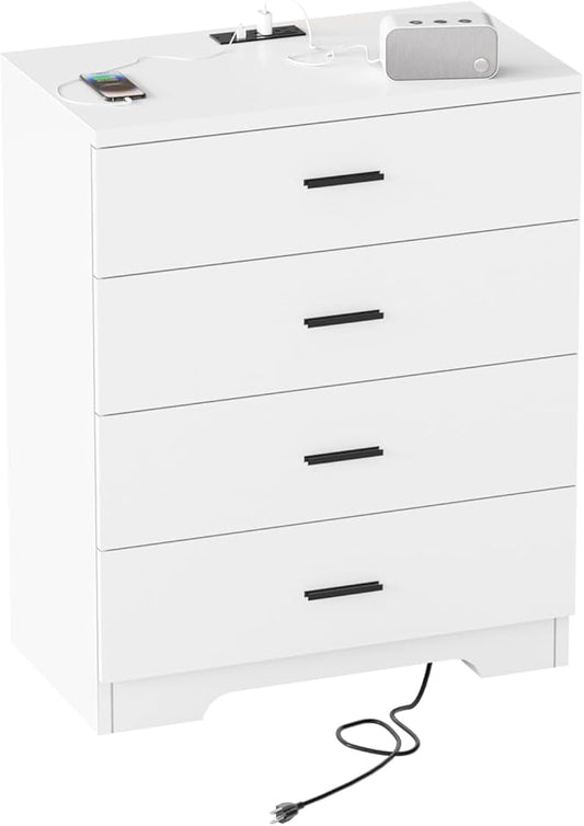 Dresser for Bedroom with Power Outlets Wood 4 Drawer Dresser with Large Organizer Tall Chest of Drawers Closet for Bedroom Living Room Kids Room Hallway