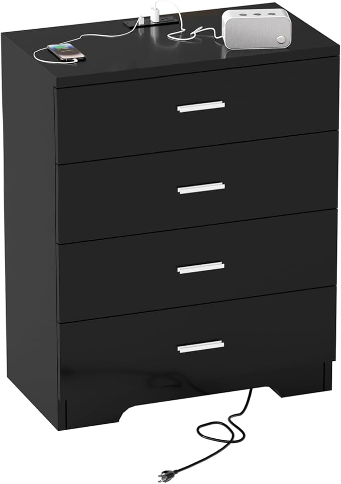 Dresser for Bedroom with Power Outlets Wood 4 Drawer Dresser with Large Organizer Tall Chest of Drawers Closet for Bedroom Living Room Kids Room Hallway