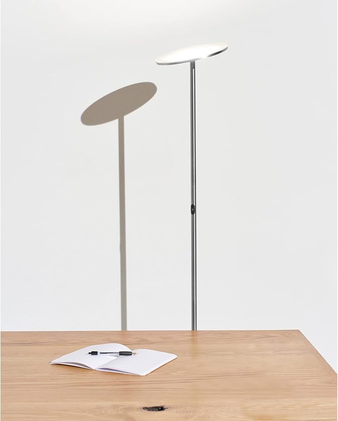 Brightech Sky LED Floor lamp, Torchiere Super Bright Floor Lamp for Living Room Decor & Office - Dimmable, Tall Standing Torch Lamp with Warm Light for Bedroom & Reading - Platinum Silver