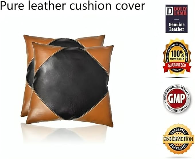 D DOLLY LAMB Lambskin Leather Pillow Cover - Sofa Cushion Case - Decorative Throw Covers for Living Room & Bedroom, 14x14 Inches - Camel Black Pack of 1