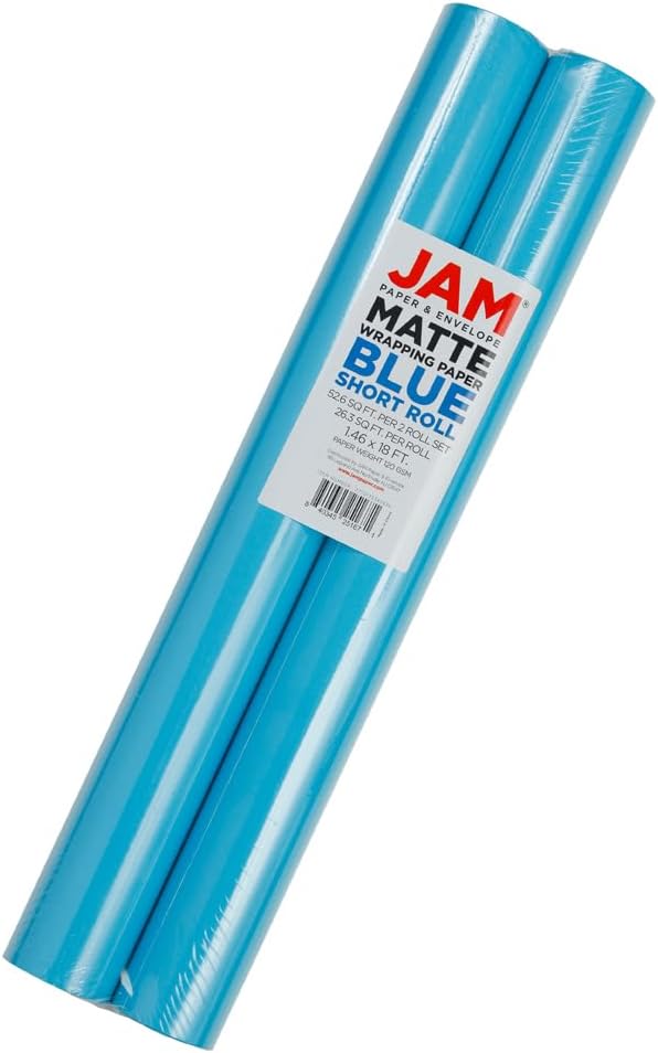 JAM Paper Gift Wrap - Matte Wrapping Paper - 52.6 Sq Ft Total (17 in x 18 Ft Each) - Matte Bright Blue/Peacock Blue - 2 Rolls/Pack