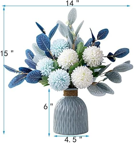 Artificial Flowers and Vases,Fake Hydrangea with Eucalyptus Bouquet Combination, Realistic Dining Table, Living Room Home Decoration （Blue）