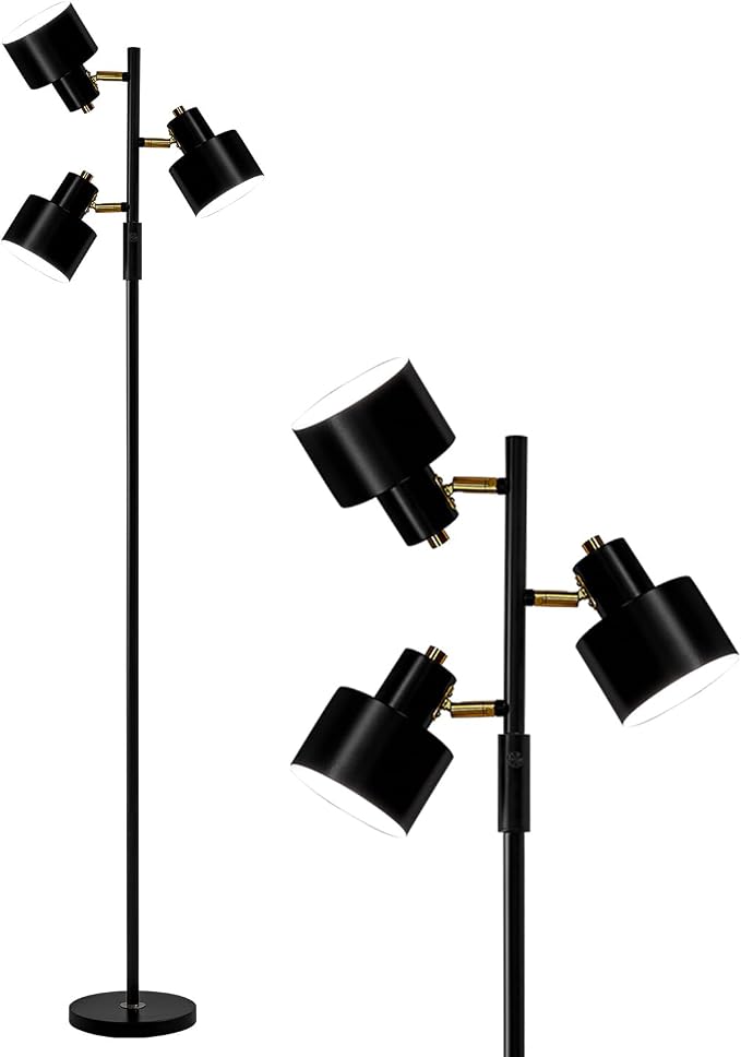 OYEARS Floor Lamp for Living Room Bright Lighting Tall Modern Industrial Vintage Standing Corner Lamps LED Metal Light Office Bedroom Study Gold Black Cream Matte Accent (3-Light, Black)