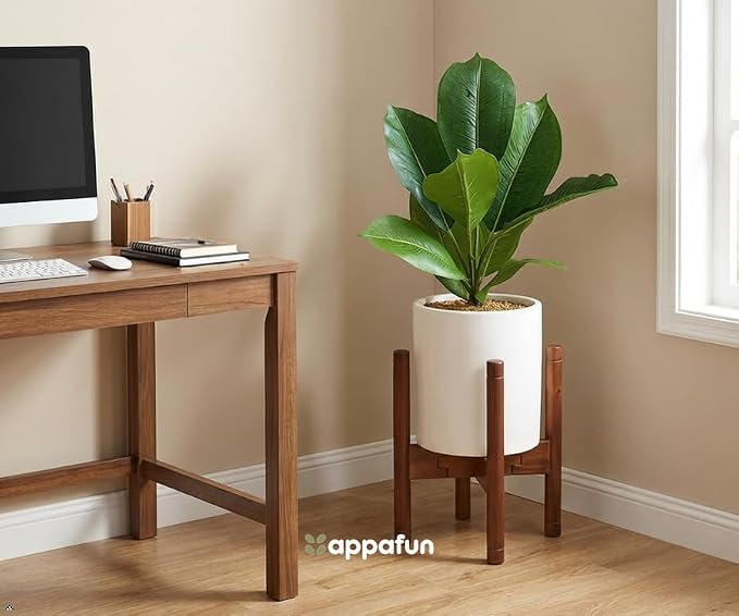 Adjustable Plant Stand for 8–12 Inch Pots, Solid Acacia Wood, Mid-Century Modern Indoor Outdoor Planter Holder with Stainless Steel Screws, Natural Brown (Pot & Plant Not Included)