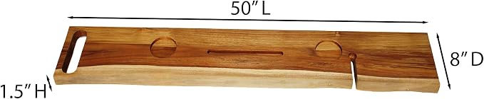 EcoDecors Eleganto 50" Live Edge Solid Teak Bath Caddy Tray with Handle, Book & Tablet Holder, Wine Glass Holders, Luxury Bathtub Tray