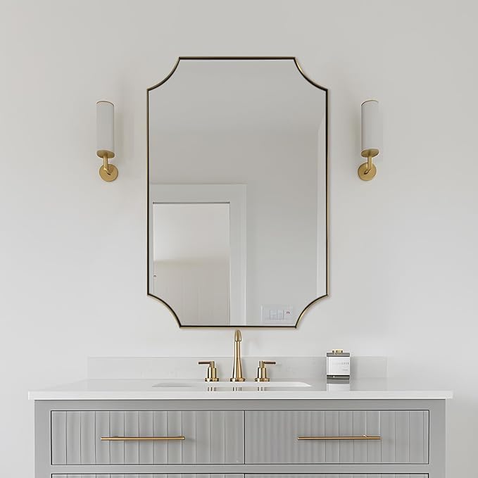 ANDY STAR 20"x30" Gold Scalloped Mirror, Mirrors for Bathroom, Champagne Bronze Vanity Mirror with Scalloped Corners Design, Rustproof Stainless Steel Thin Frame, Ideal for Narrow Bathroom Remodel