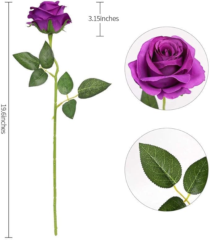 Kisflower 12Pcs Roses Artificial Flowers Purple Flowers Realistic Single Stem Flowers Silk Rose Bouquet for Wedding Party Office Home Decor (Purple)