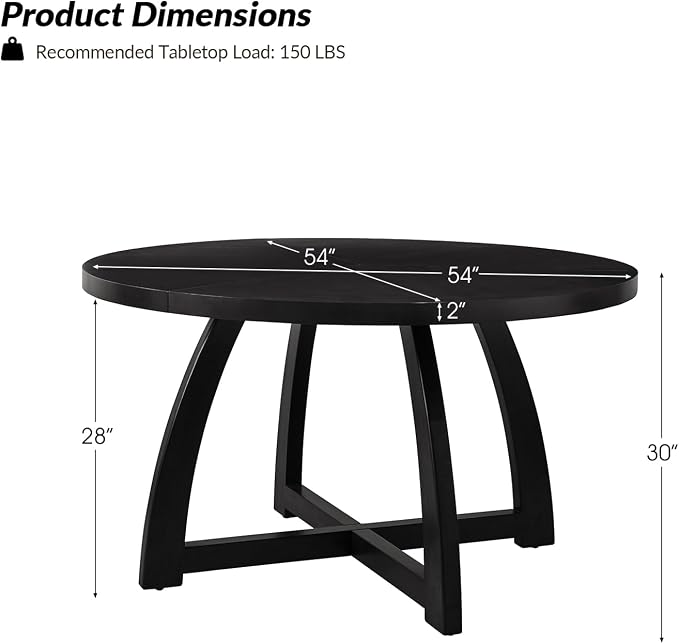 HULALA HOME 54 inch Round Dining Table for 6 People，Mid-Century Modern Solid Wood Circle Dinner Tables for Small Spaces Dining Room Living Room Kitchen, Black