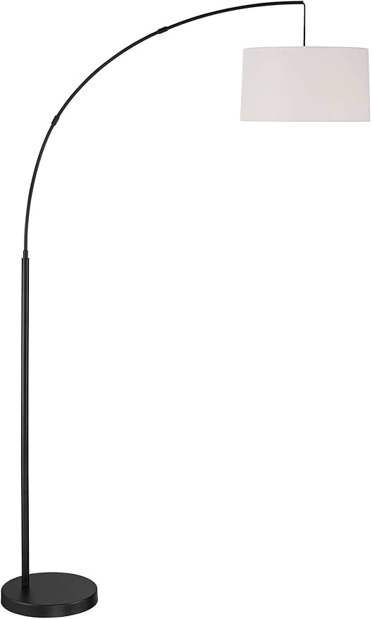 360 Lighting Cora Mid Century Modern Arc Floor Lamp 72" Tall Black Metal White Linen Fabric Drum Shade Decor for Living Room Reading House Bedroom Home Office House