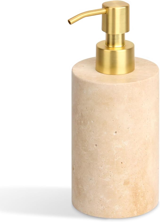 Natural Marble Soap Dispenser for Bathroom and Kitchen Countertop - 5.41 Ounces Hand Lotion and Liquid Stone Shampoo Laundry Bottle with Pump (1, Travertine, Cylindrical Bottle)