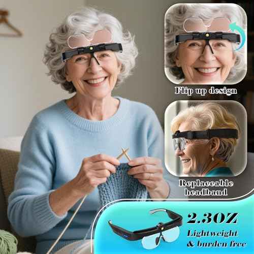 Magnifying Glass with Lights, Headband Hands Free Magnifying Glasses for Close Work, Flip-up Magnifier with 3 Color Temperature, 1.5X to 5.0X Lenses for Jewelry Crafts Soldering Repair (Black)