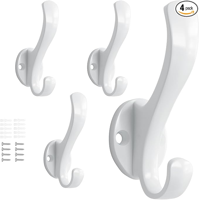 Coat Hooks Heavy Duty - Easy to Install Metal Towel Hooks Screw-in Wall Hooks for Hanging Hat, Towel, Key, Robe, Scarf, Bag, Cap (4 PCS White)