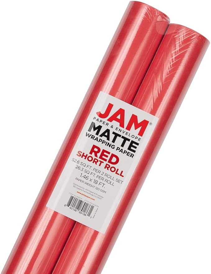 JAM Paper Gift Wrap - Matte Wrapping Paper - 52.6 Sq Ft Total (17 in x 18 Ft) - Matte Red - 2 Rolls/Pack