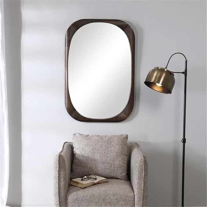 MAKLAINE Mid-Century Accent Mirror, 38" H x 26" W, Solid Rubber Wood Frame, Dark Walnut Finish, Rounded Edges, Horizontal or Vertical Hanging, Modern Wall Mirror for Living Room or Bedroom Decor