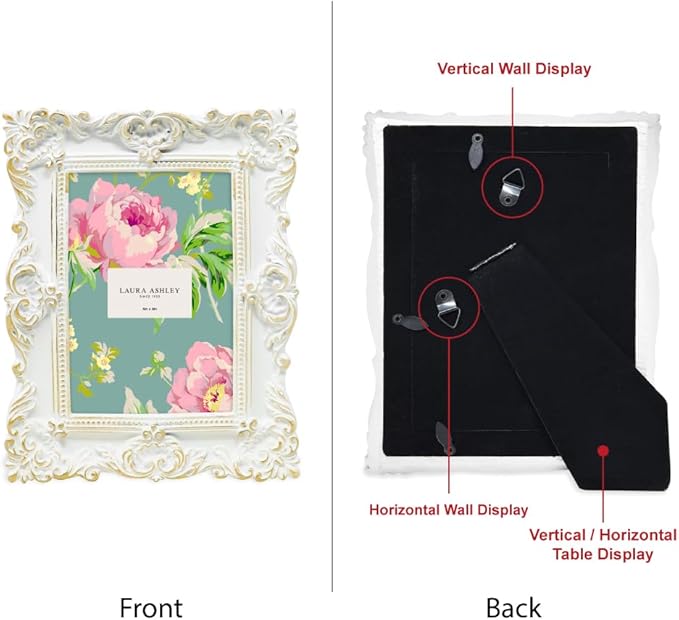 Laura Ashley 4x6 White & Gold Ornate Textured Hand-Crafted Resin Picture Frame w/Easel & Hook for Tabletop & Wall Display, Decorative Floral Design Home Décor, Photo Gallery, Art (4x6, White/Gold)