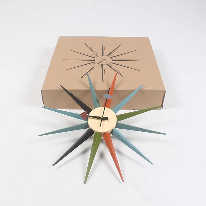 SHISEDECO Modern Sunburst Clock in Multicolor, Non Ticking Wooden Mid Century Retro Design Decorative Silent Wall Quartz Clocks for Home, Living Room, Office and Bedroom etc.