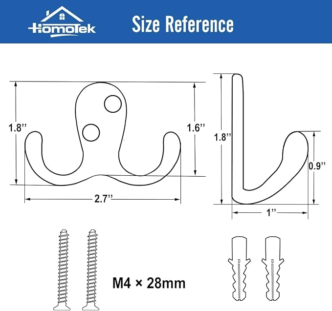 HOMOTEK 10 Pack Heavy Duty Coat Hooks Wall Mounted Double Prong(Left and Right) Rustproof Coat Hook Hardware Retro Dual Robe Hanger for Coat,Towel, Scarf, Hat, Bag, Key, Shoes, Matte Black