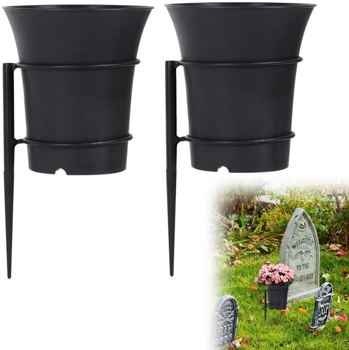 Large Metal Cemetery Vases Flower Holder with Spikes Memorial vases for Grave Vase Decorations for Cemetery Vase Flower Holder for Memorial Grave Lawn Yard Funeral Decor with Freely DIY, 5.4''Diameter
