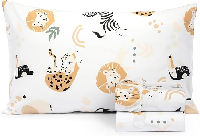 100% Cotton 210TC Salt Earth Kids Bedsheet,Twin Sheets Set for Toddler bed, 3 Piece Bedding Set Including Flat Sheet, Fitted Sheet, and Pillowcase, Themed Sheets for a Playful Kids Bed (Jungle Safari)